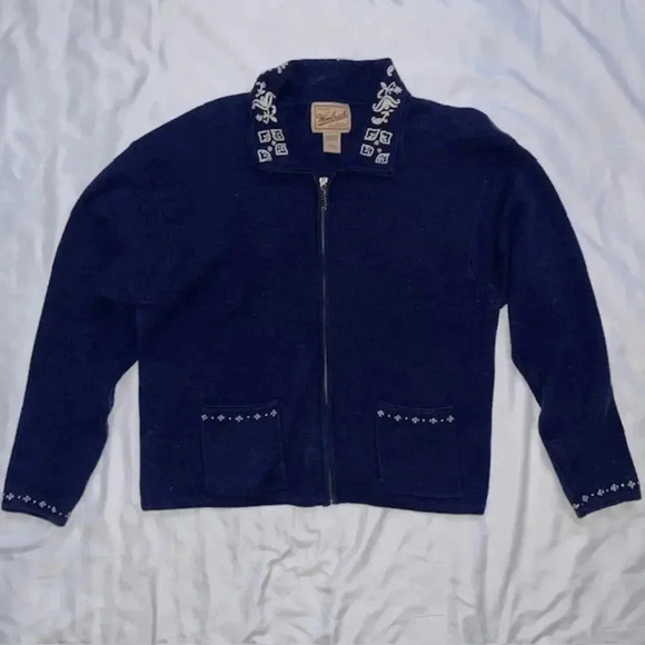 VTG Woolrich Full Zip Cardigan Navy Embroidered Sz M Cottagecore Grandma - Picture 7 of 8
